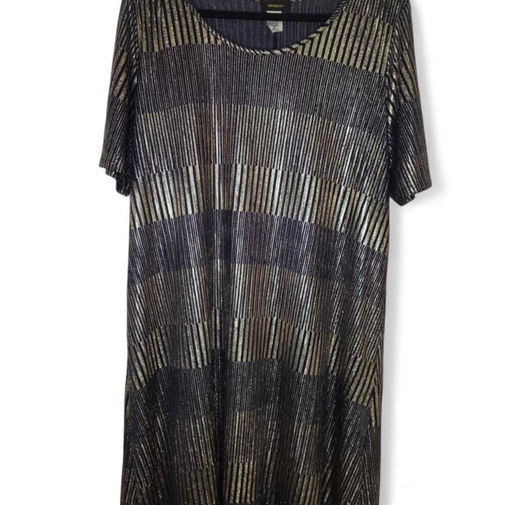 Espresso Metallic Navy Gold Striped A-Line Dress Womens 2X Shimmer